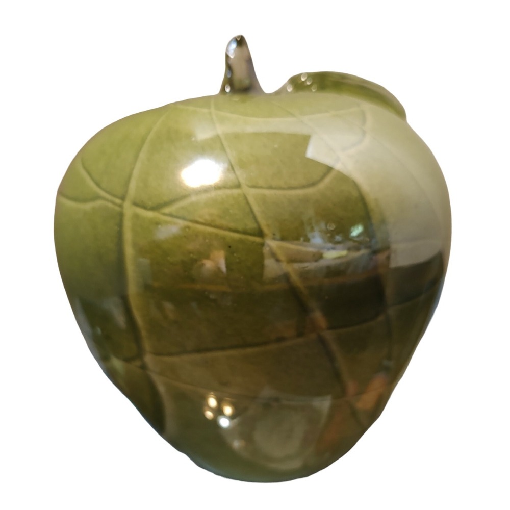 Hand Blown Art Glass Apple Green Granny‎ Smith Lines Paperweight Mid Century